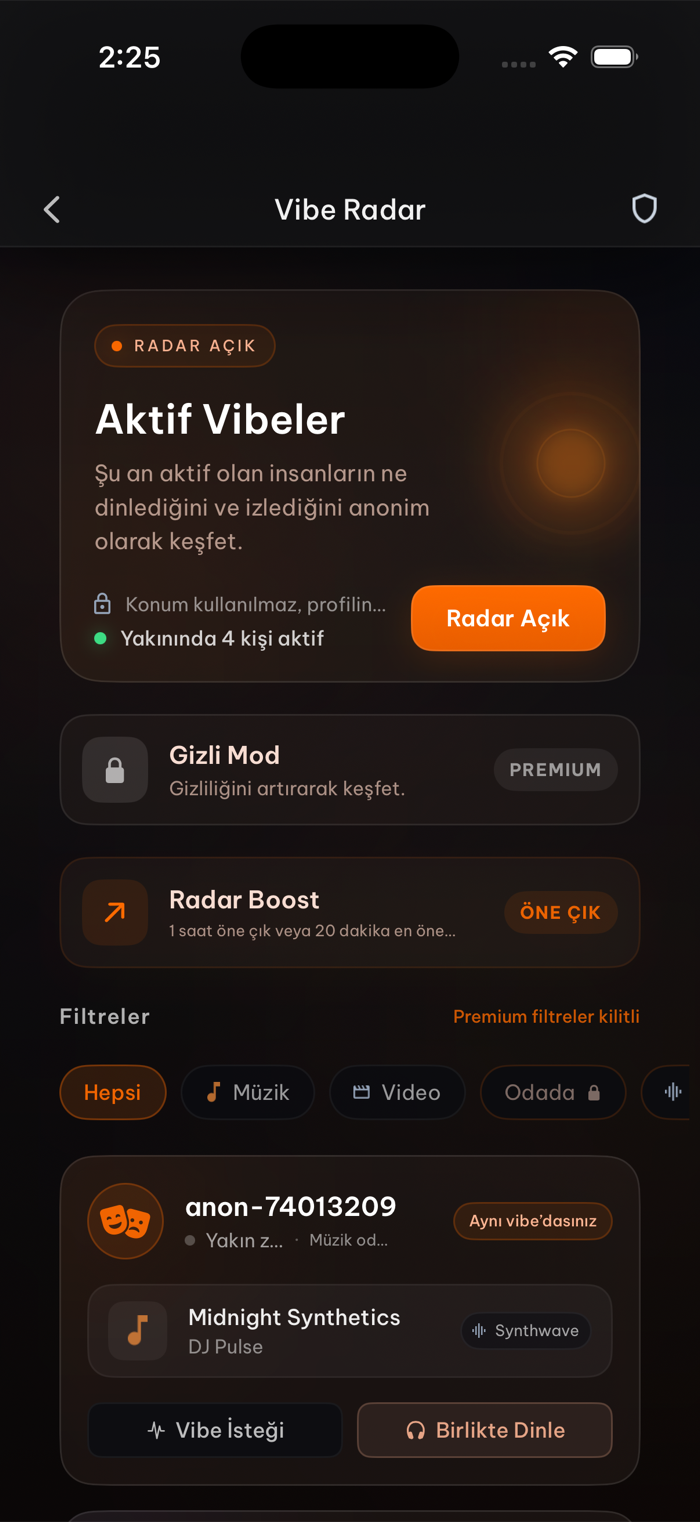 Zynkra Vibe Radar ekranı
